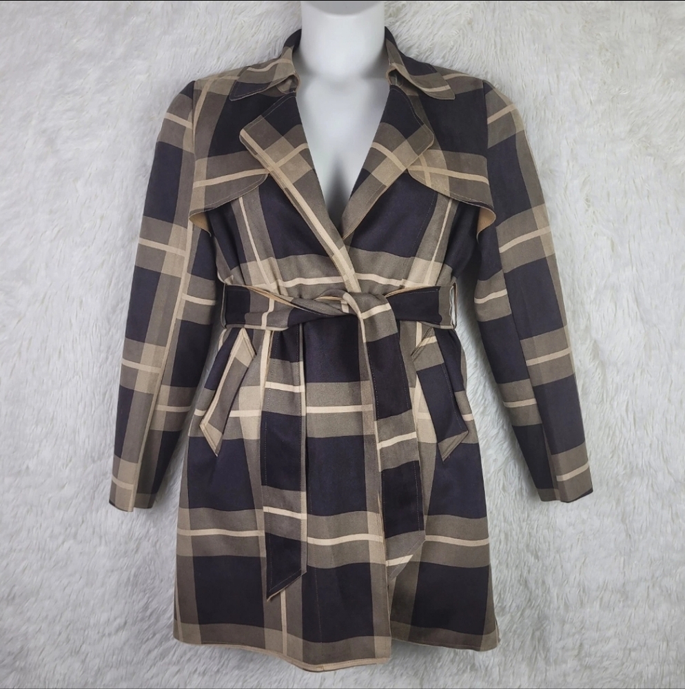 Solitaire Women S Brown Faux Suede Belted Plaid Jacket Office Business Old Money
